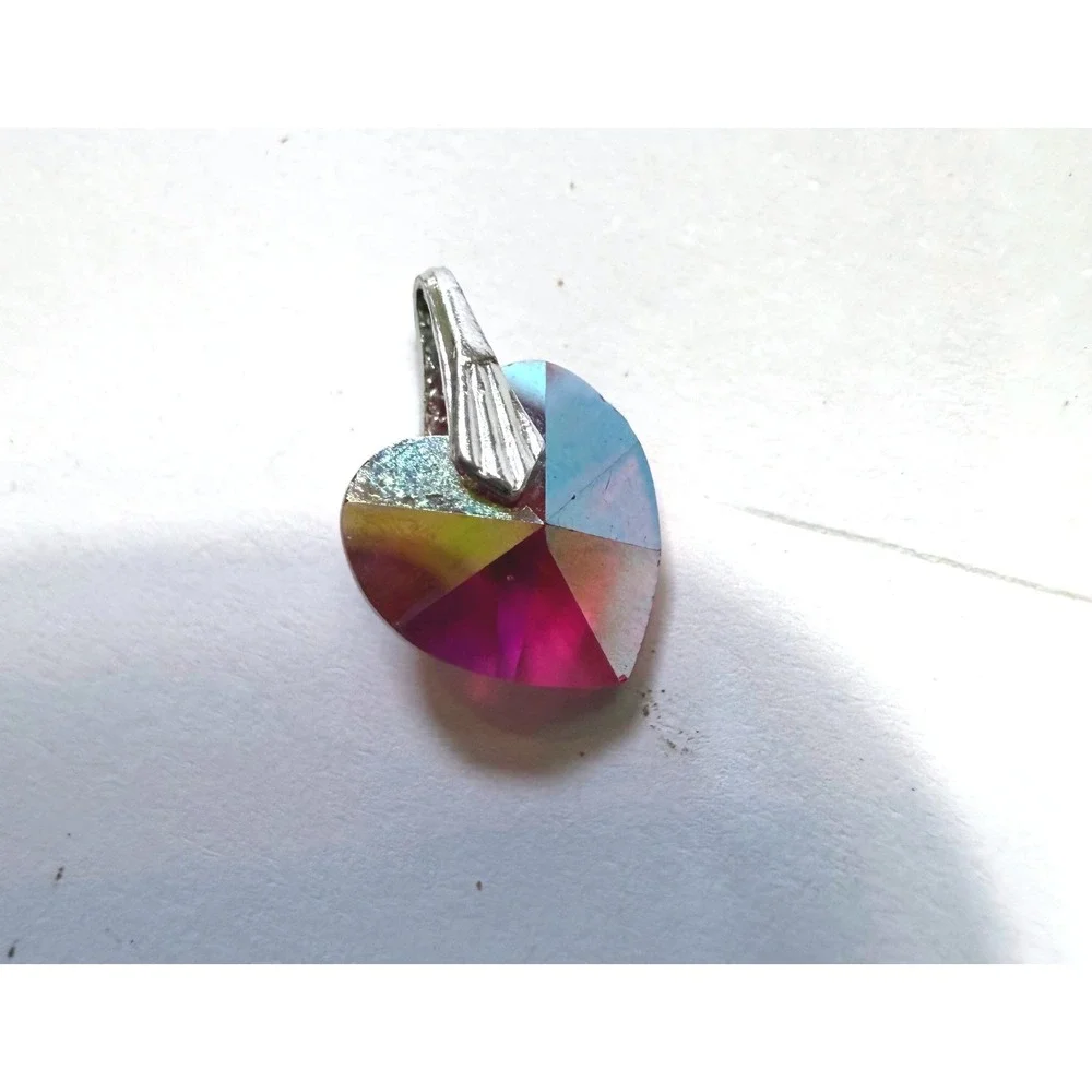Fuchsia Pink AB Iridescent Crystal Heart Pendant Silver Tone Bail Romantic Love